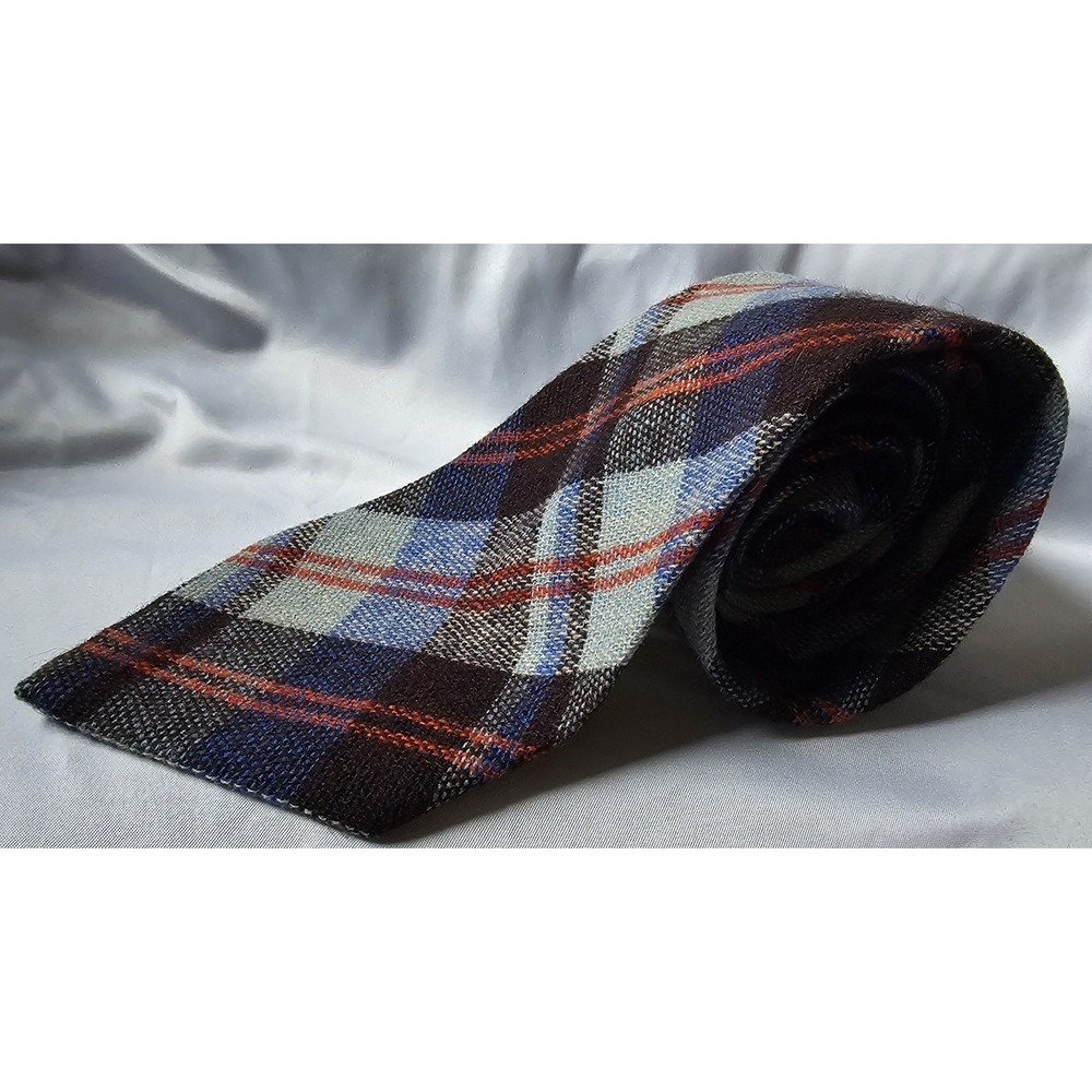Vintage 1970 Mens Don Loper 100% Wool Neck Tie Plaid Blues Red Black Tan